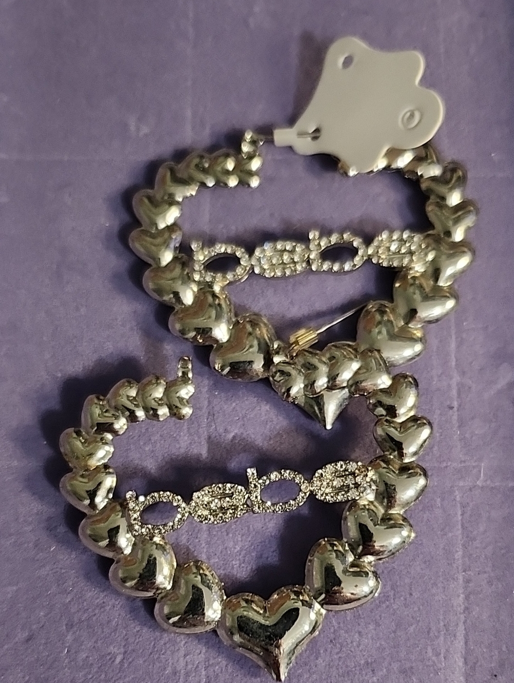 bebe Silver Heart Link Hoop Earrings with Crystal Accents